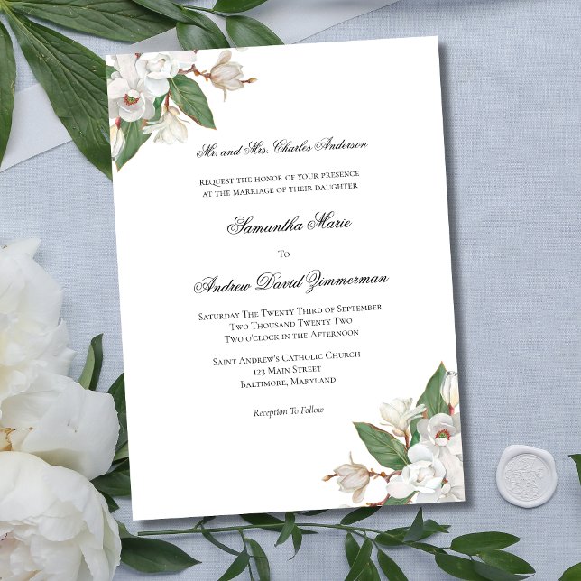 Convites Casamento Elegante Formal de Magnolias Brancas Clá (White Floral Magnolia Flowers Formal Traditional Classic Wedding Invitation)