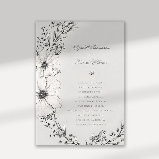 Convites Casamento Elegante Formal de Marfim Negro (wildflowers wedding invitation black and white formal elegant traditional calligraphy floral wreath)