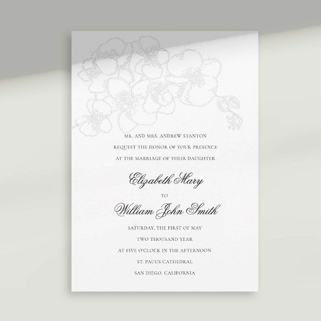 Convites Casamento Elegante Formal De Orquídea Branca (orchid wedding invitation faux embossed white black formal traditional elegant modern classic)