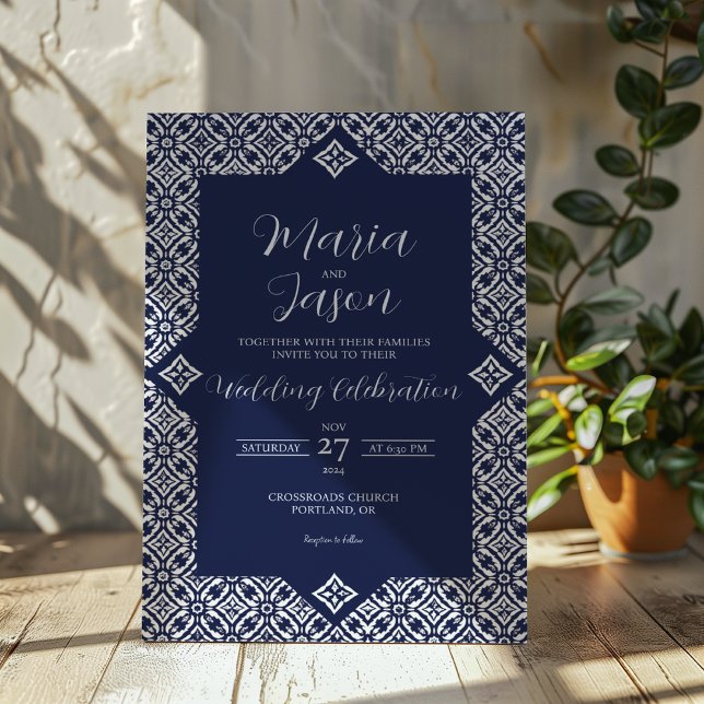 Convites Casamento Elegante Formal de Talavera Azul Marinho (Mexican Navy Blue Talavera Formal Elegant Wedding Invitation)