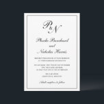 Convites Casamento Elegante Formal do Monograma Tradicional<br><div class="desc">Convite de casamento tradicional em preto clássico e branco com um design simples com seu monograma inicial e seus nomes em um dentro de caligrafia elegante de uma fronteira fina. O dorso é preto sólido. Esta design de classe é perfeita para um casamento formal.</div>