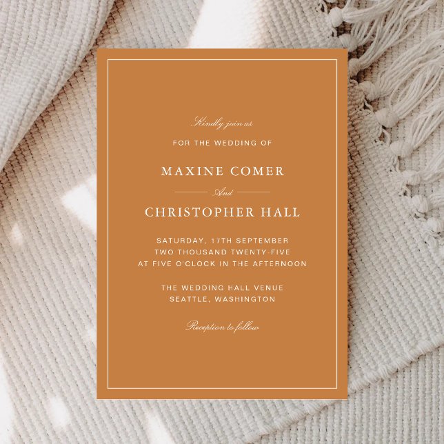 Convites Casamento Elegante Formal Laranja Queimada (Elegant burnt orange wedding invitation sets a warm and sophisticated tone for your day.)