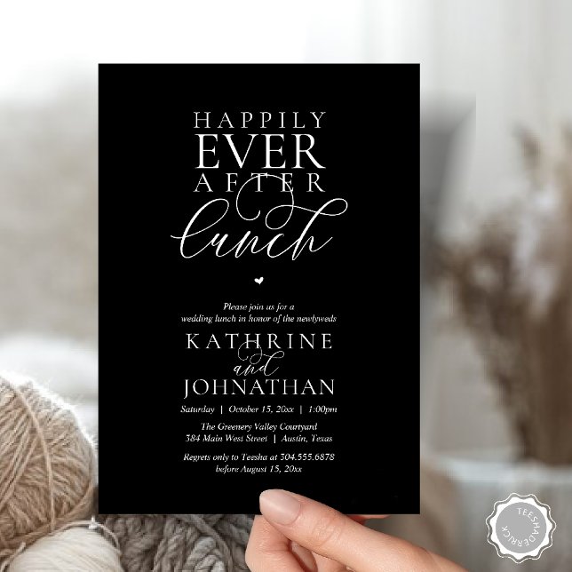 Convites Casamento Elegante Fuga à Noite Após o Almoço (Happily Ever After Lunch Classy Wedding Elopement Invitation card in black white)