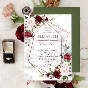 Convites Casamento Elegante Geométrico da Borgonha de Cobr