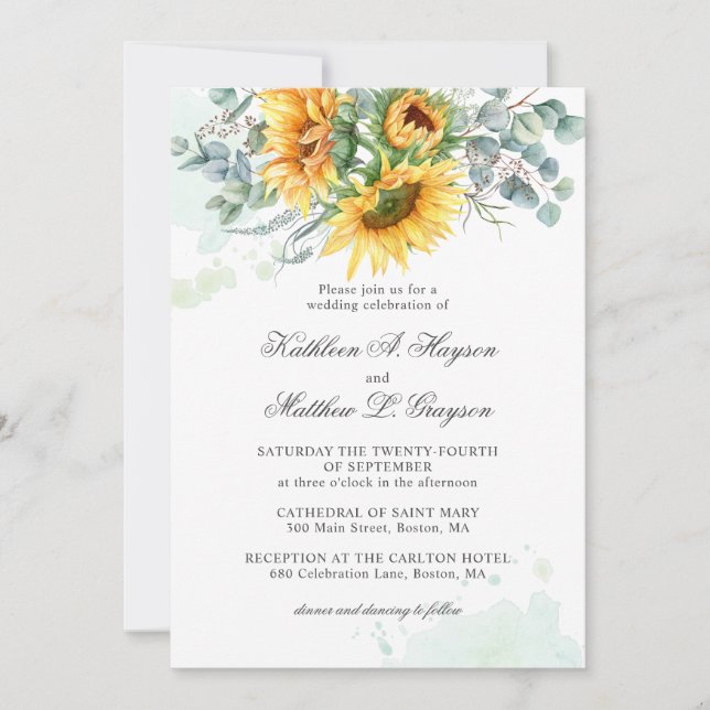Convites Casamento Elegante Girassol Eucalipto Splash  (Frente)