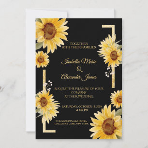 Convites Casamento Elegante Girassol Preto Dourado Outono