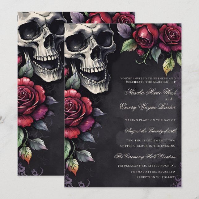 Convites Casamento Elegante Gótico Caveira & Rosas (Frente/Verso)