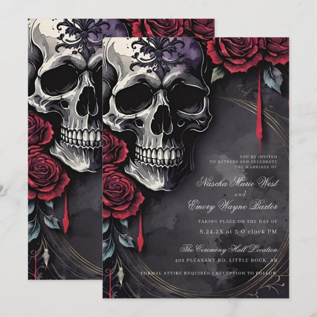 Convites Casamento Elegante Gótico Caveira & Rosas (Frente/Verso)