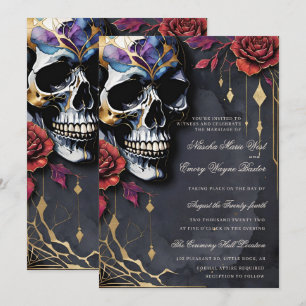 Convites Casamento Elegante Gótico Caveira & Rosas Vermelha