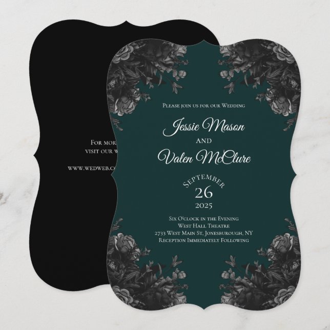 Convites Casamento Elegante Gótico de Cinzas Negras Negras  (Frente/Verso)