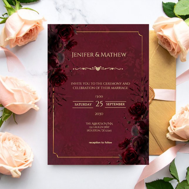 Convites Casamento Elegante Gótico Vermelho e Preto Romance (Criador carregado)