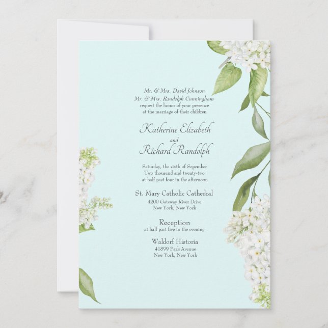 Convites Casamento Elegante Hydrangea Branco Seafoam (Frente)