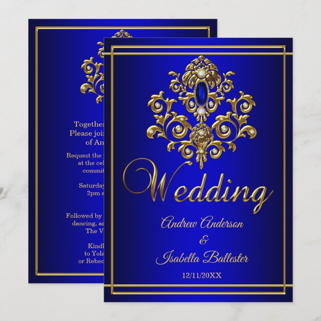 Convites Casamento Elegante Joia Azul Real Dourada 2 (Frente/Verso)
