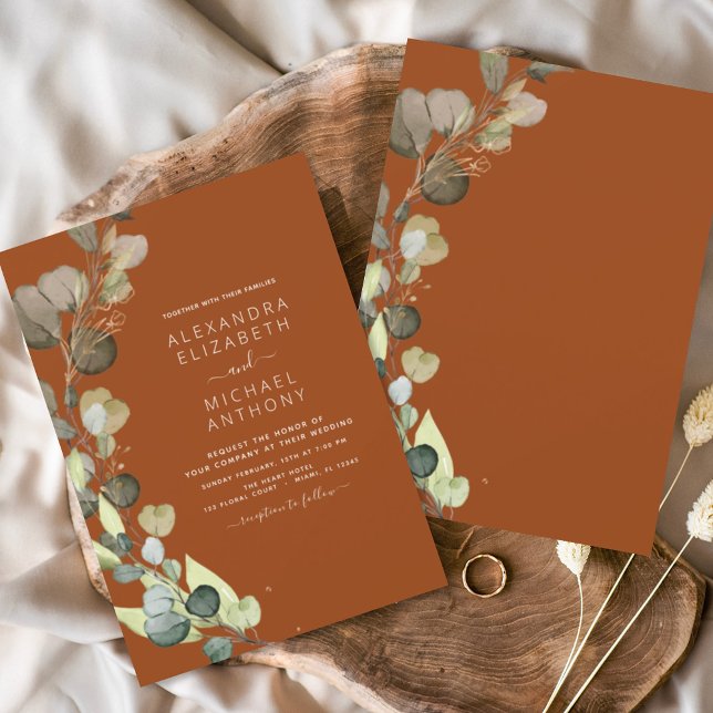 Convites Casamento Elegante Laranja Queimado de Eucalyptus  (Criador carregado)