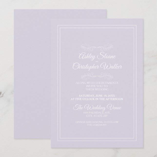 Convites Casamento Elegante Lavanda Roxo Branco (Frente/Verso)