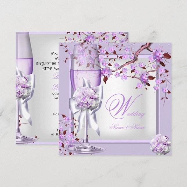 Convites Casamento Elegante Lavanda Roxo Lilás 4b (Frente/Verso)