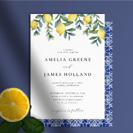 Convites Casamento Elegante Lemon Botanical Blue Mediterrân