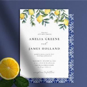 Convites Casamento Elegante Lemon Botanical Blue Mediterrân