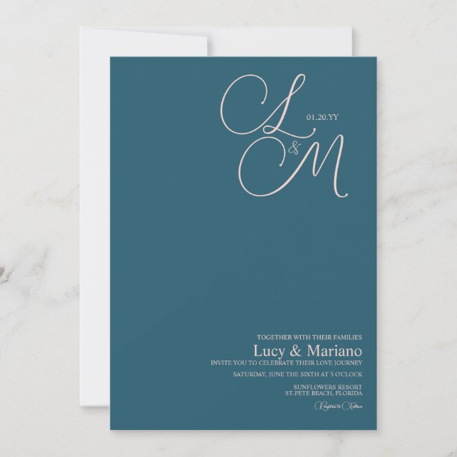 Convites Casamento Elegante Letra Azul Rosa Monogramada  (Frente)