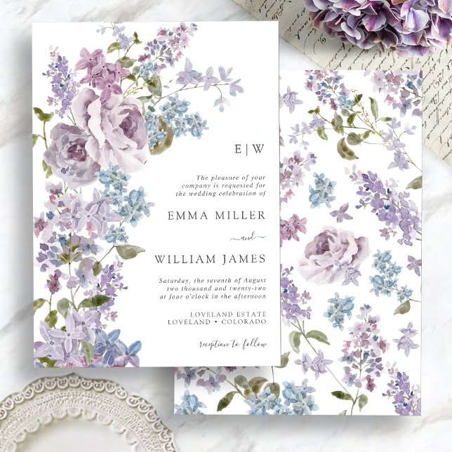 Convites Casamento Elegante Lilac Greenery (Elegant Lilac Greenery Wedding Invitation with Monogram by Painted Paperie
)