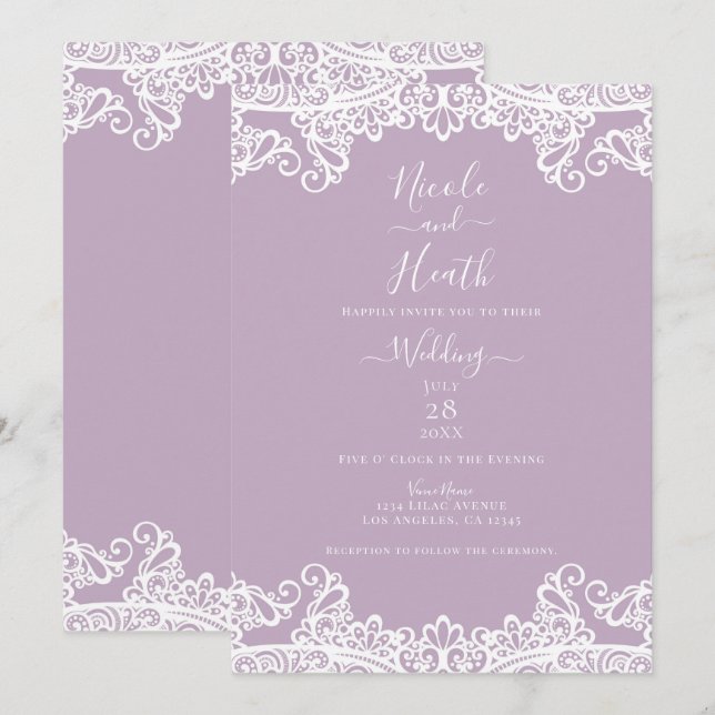 Convites Casamento Elegante Lilac Mauve & White Lace (Frente/Verso)