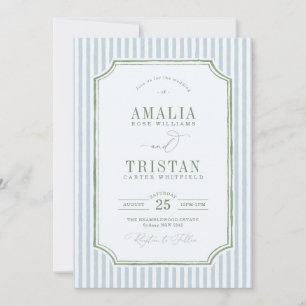 Convites Casamento Elegante Listrado de Azul e Verde Salvia