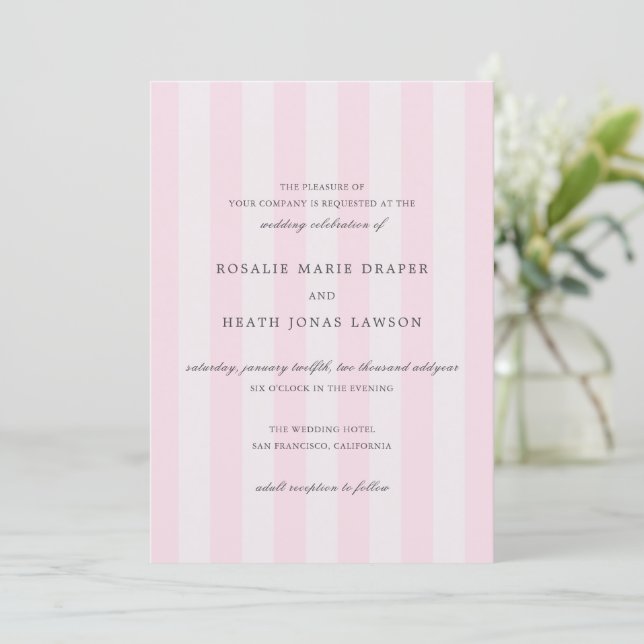Convites Casamento Elegante Listras Rosa Moderno (Em pé/Frente)