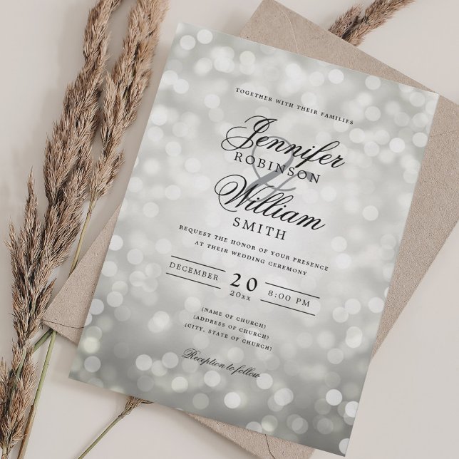 Convites Casamento Elegante Luzes Bokeh Romântico Prata (Elegant Wedding Bokeh Lights Romantic Silver Invitation)