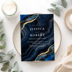 Convites Casamento Elegante Marble de Agato Azul marinho