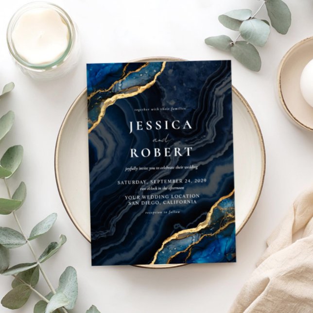 Convites Casamento Elegante Marble de Agato Azul marinho (Criador carregado)