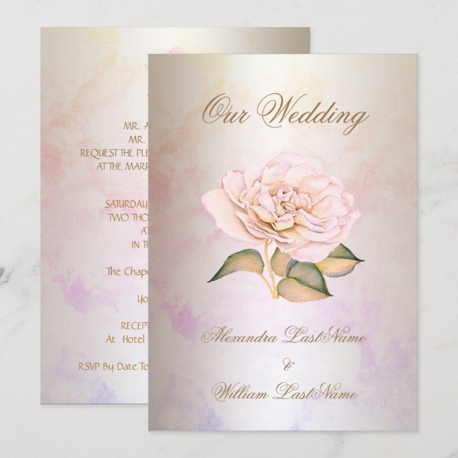 Convites Casamento Elegante Mármore Rosa Creme (Frente/Verso)