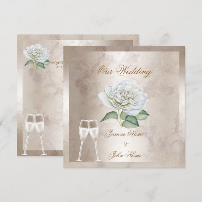 Convites Casamento Elegante Mármore Rosa Creme Branco Champ (Frente/Verso)