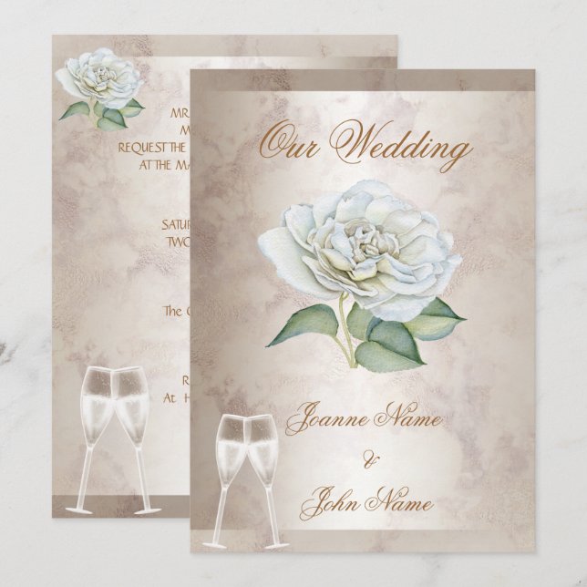 Convites Casamento Elegante Mármore Rosa Creme Branco Champ (Frente/Verso)