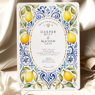 Convites Casamento Elegante Mediterrâneo Limão e Azulejo Az