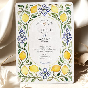 Convites Casamento Elegante Mediterrâneo Limão e Azulejo Az