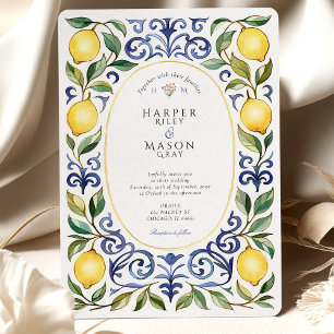 Convites Casamento Elegante Mediterrâneo Limão e Azulejo Az