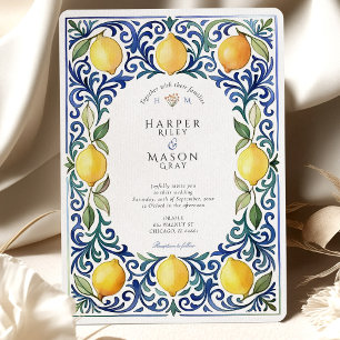 Convites Casamento Elegante Mediterrâneo Limão e Azulejo Az