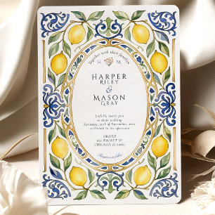 Convites Casamento Elegante Mediterrâneo Limão e Azulejo Az