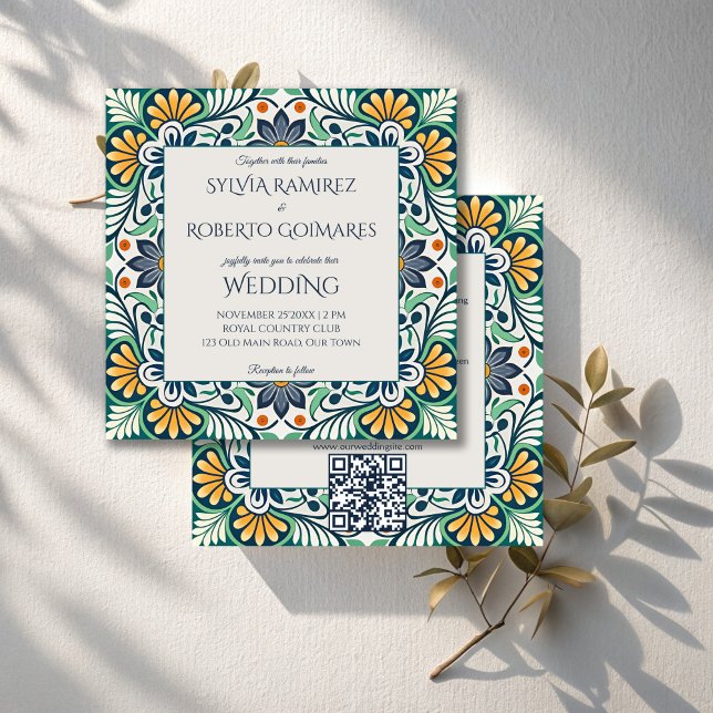 Convites Casamento elegante mexicano Talavera Azulejo com R (Mexican Talavera Azul elegant wedding Invitations with RSVP teal green colorful wedding cards)