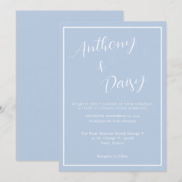 Convites Casamento Elegante Minimalista de Borda Branca Azu
