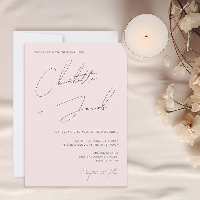 Convites Casamento Elegante Minimalista de Escrita Cinza-Ro (Simplistic Minimalistic Modern Elegant Script Typography Blush pink wedding invitation.)