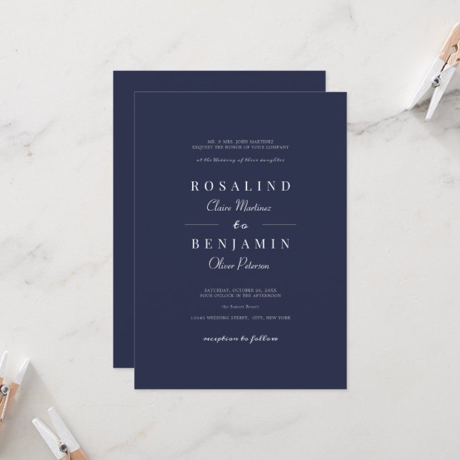 Convites Casamento Elegante Minimalista de Tipografia Azul- (Frente/Verso In Situ)