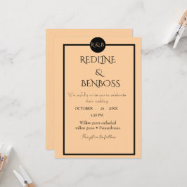 Convites Casamento Elegante Minimalista em Pêssego e Preto
