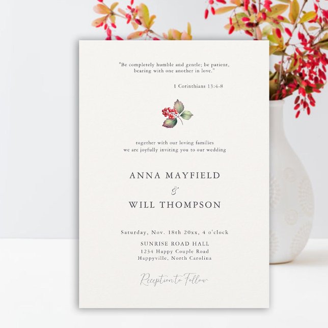 Convites Casamento Elegante Mínimo de Berries de inverno de (bible quote elegant red berries winter wedding invitation watercolor traditional classic minimalist)