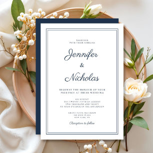 Convites Casamento Elegante Moderno Azul Marinho Script