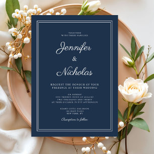 Convites Casamento Elegante Moderno Azul Marinho Script