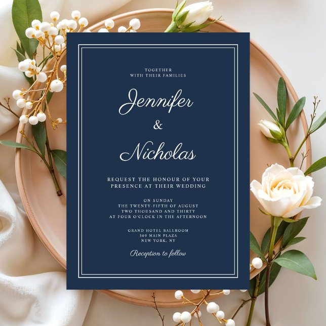 Convites Casamento Elegante Moderno Azul Marinho Script (Elegant Modern Navy Blue Script Wedding Invitation)