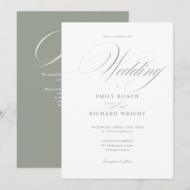 Convites Casamento Elegante Moderno Código QR Verde Sage (Frente/Verso)