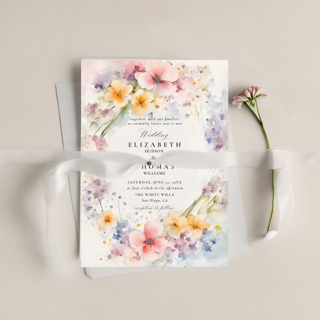 Convites Casamento Elegante Moderno de Jardim das Florestas (wildflower wedding theme invitation watercolor happy meadow modern classic elegant spring summer)