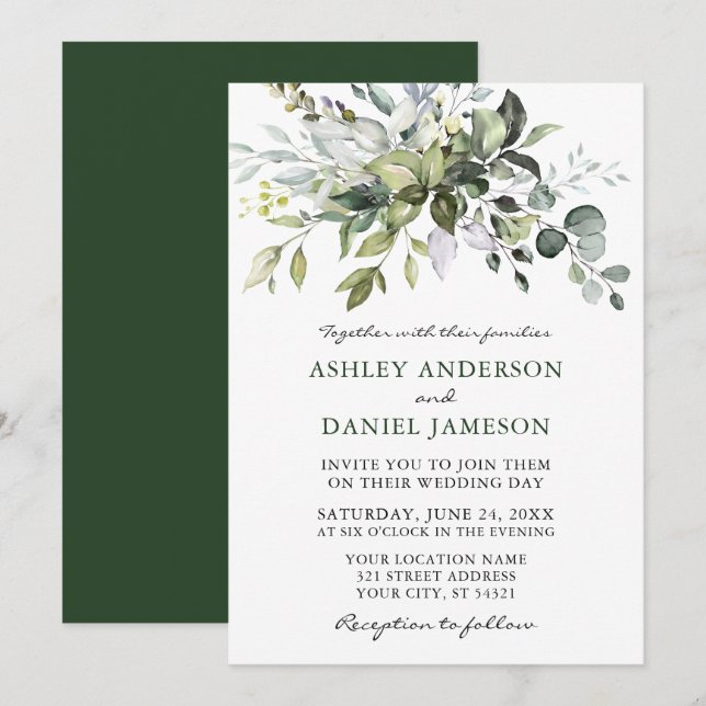 Convites Casamento Elegante Moderno de Watercolor Greenery (Frente/Verso)